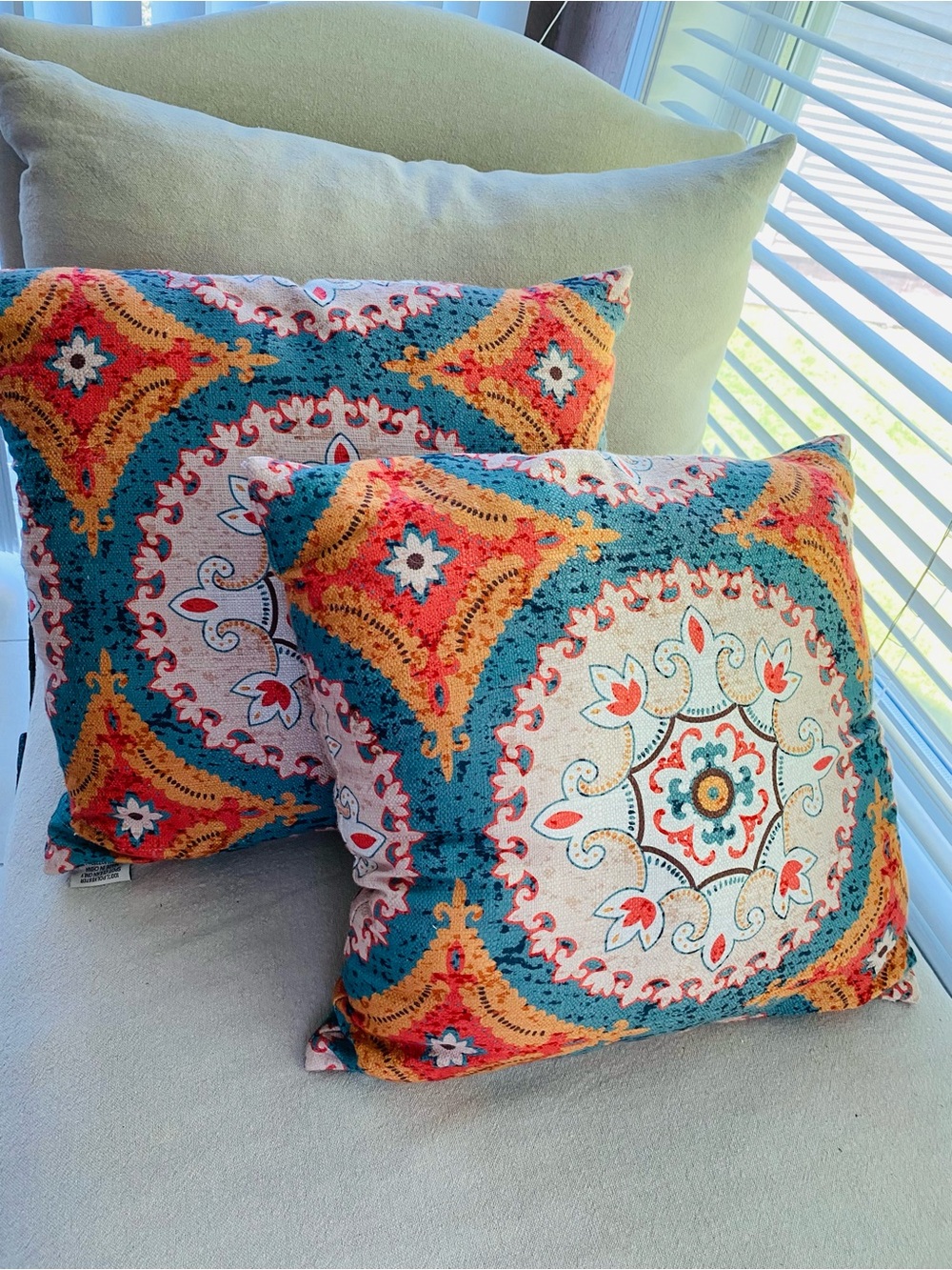 Vibrant Turquoise & Orange Medallion Throw Pillow Pair